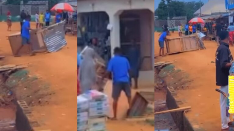 Drama as boyfriend dismantle wooden kiosk shop he setup for his girlfriend after she request for a breakupI