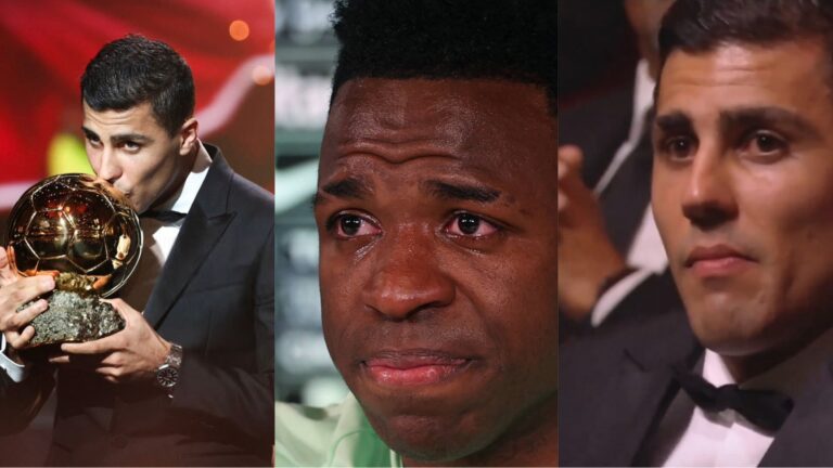 Vinicius Junior reacts after Rodri won the Ballon D’or 2024