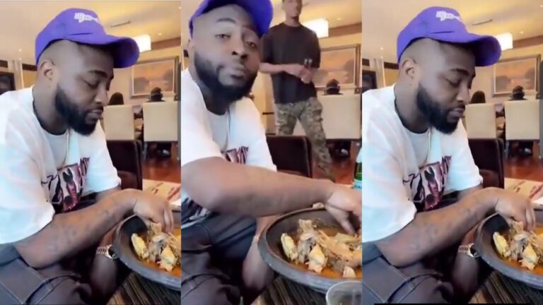 Davido spotted eating fufu and chicken light soup in Accra